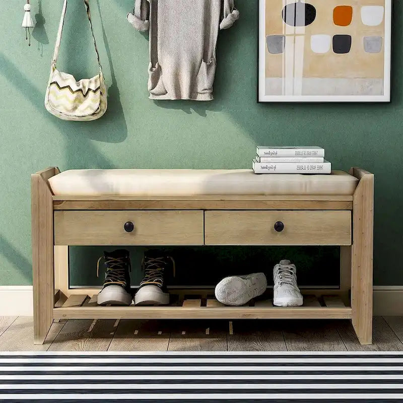Banc de rangement polyvalent d'entrée de ferme 39 avec 2 tiroirs et 1 étagère à chaussures