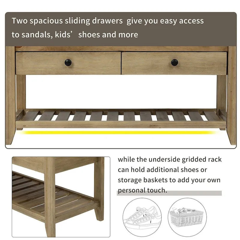 Banc de rangement polyvalent d'entrée de ferme 39 avec 2 tiroirs et 1 étagère à chaussures