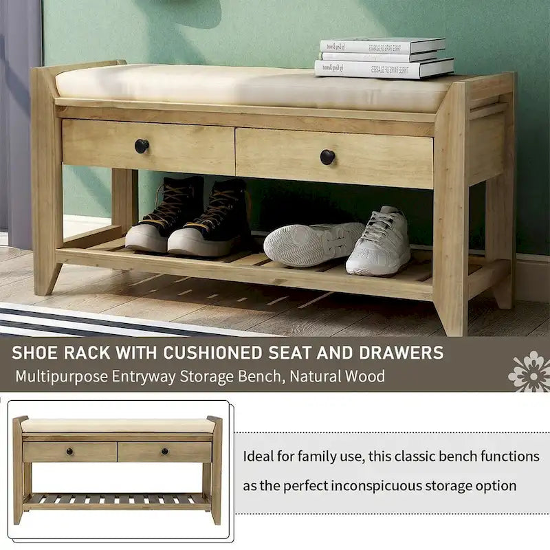 Banc de rangement polyvalent d'entrée de ferme 39 avec 2 tiroirs et 1 étagère à chaussures