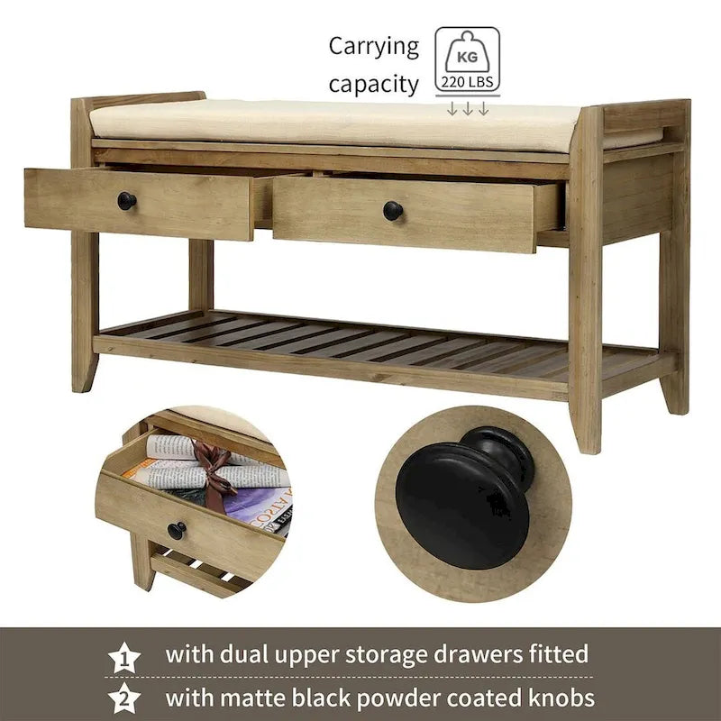 Banc de rangement polyvalent d'entrée de ferme 39 avec 2 tiroirs et 1 étagère à chaussures