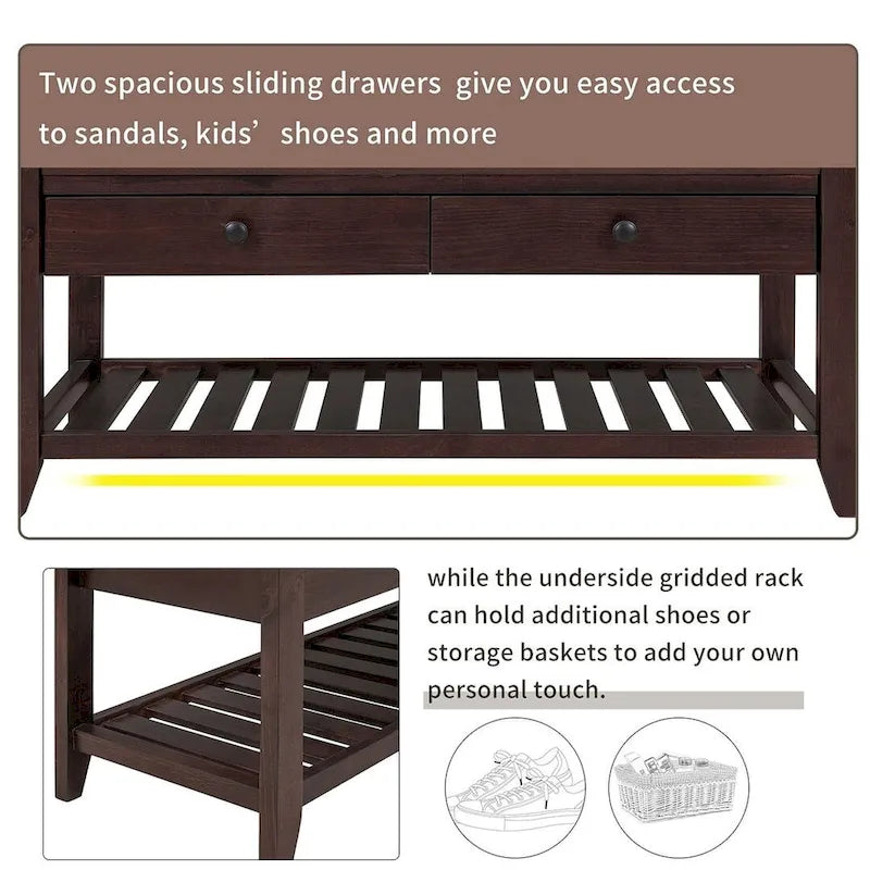 Banc de rangement polyvalent d'entrée de ferme 39 avec 2 tiroirs et 1 étagère à chaussures