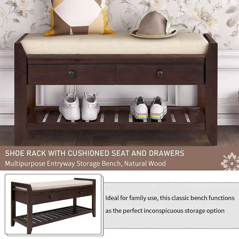 Banc de rangement polyvalent d'entrée de ferme 39 avec 2 tiroirs et 1 étagère à chaussures