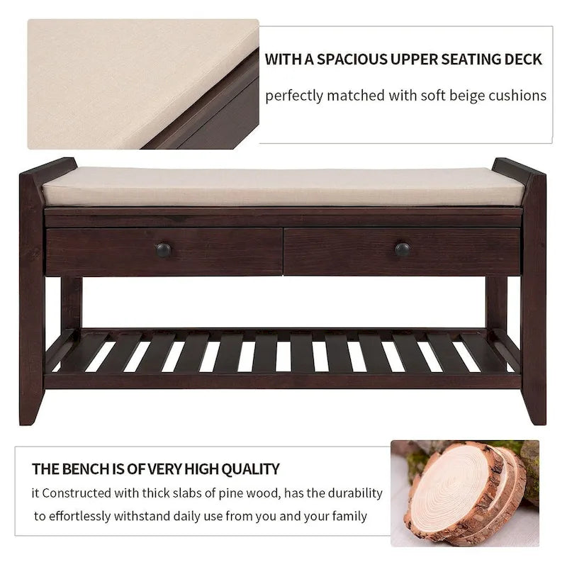 Banc de rangement polyvalent d'entrée de ferme 39 avec 2 tiroirs et 1 étagère à chaussures
