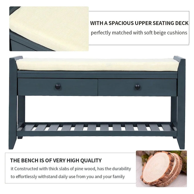 Banc de rangement polyvalent d'entrée de ferme 39 avec 2 tiroirs et 1 étagère à chaussures