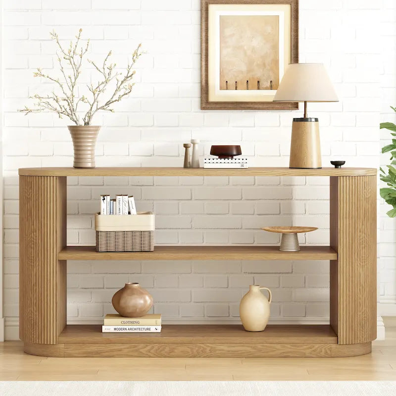 Console étroite d'entrée moderne - Table de canapé mince avec étagère ouverte et grain de bois élégant, table de couloir multifonctionnelle