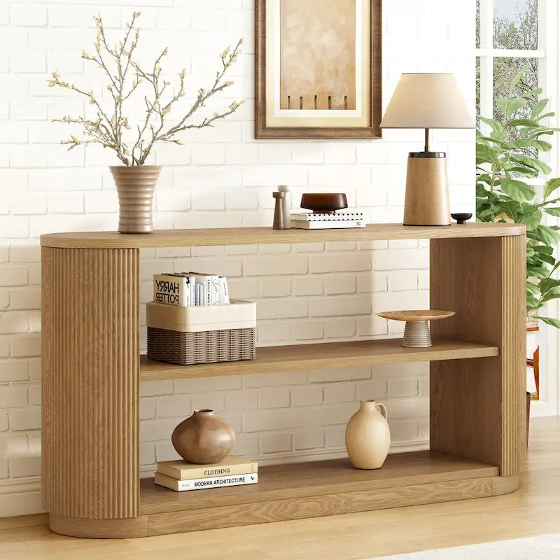 Console étroite d'entrée moderne - Table de canapé mince avec étagère ouverte et grain de bois élégant, table de couloir multifonctionnelle