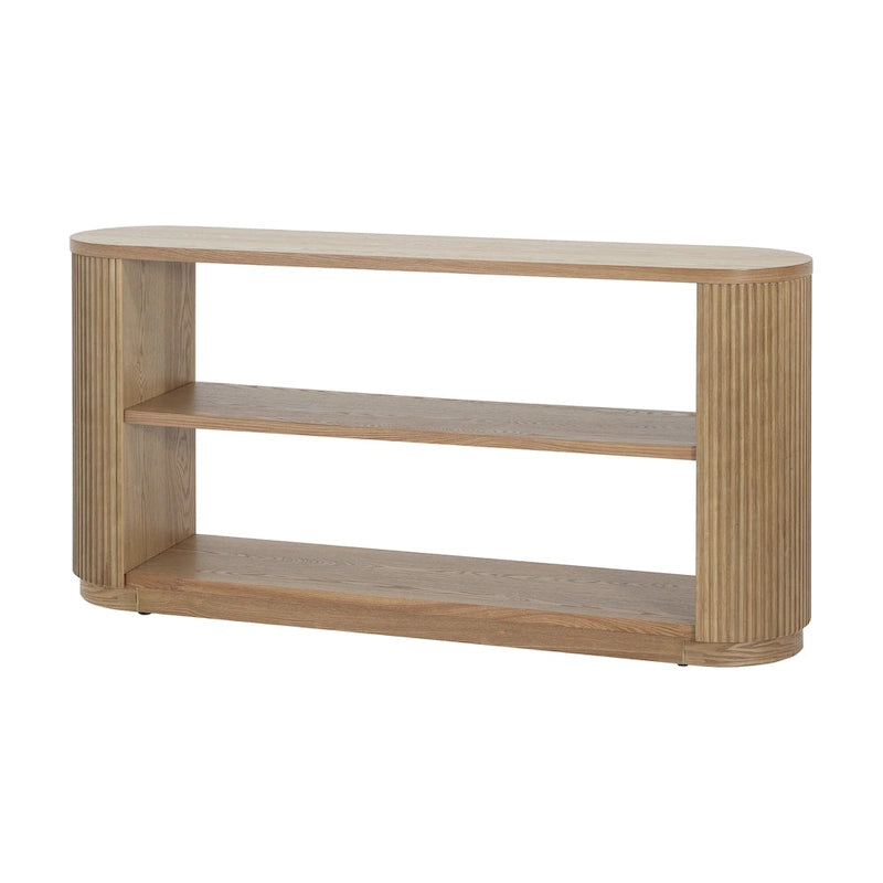 Console étroite d'entrée moderne - Table de canapé mince avec étagère ouverte et grain de bois élégant, table de couloir multifonctionnelle