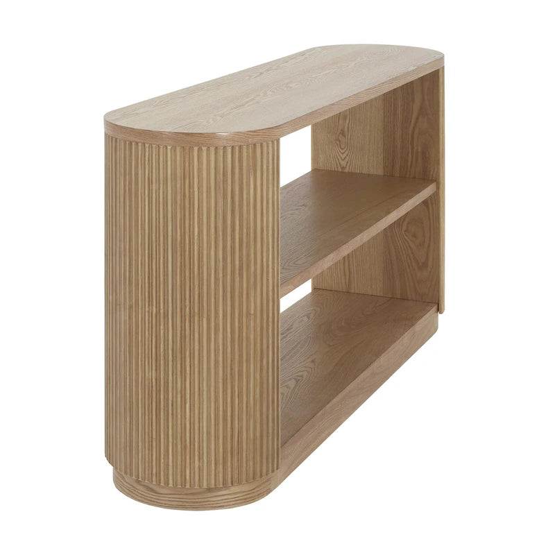 Console étroite d'entrée moderne - Table de canapé mince avec étagère ouverte et grain de bois élégant, table de couloir multifonctionnelle