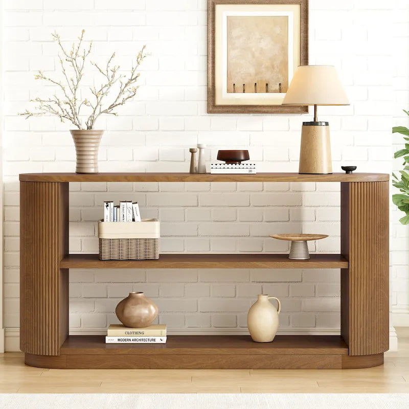 Console étroite d'entrée moderne - Table de canapé mince avec étagère ouverte et grain de bois élégant, table de couloir multifonctionnelle