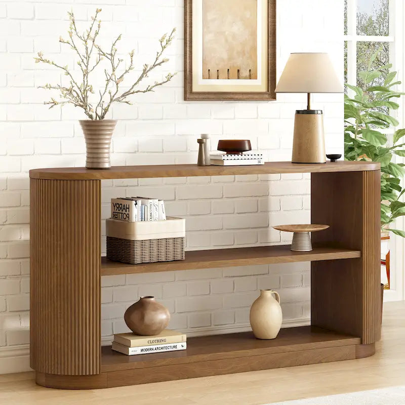 Console étroite d'entrée moderne - Table de canapé mince avec étagère ouverte et grain de bois élégant, table de couloir multifonctionnelle