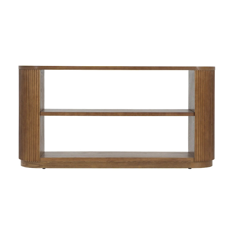 Console étroite d'entrée moderne - Table de canapé mince avec étagère ouverte et grain de bois élégant, table de couloir multifonctionnelle