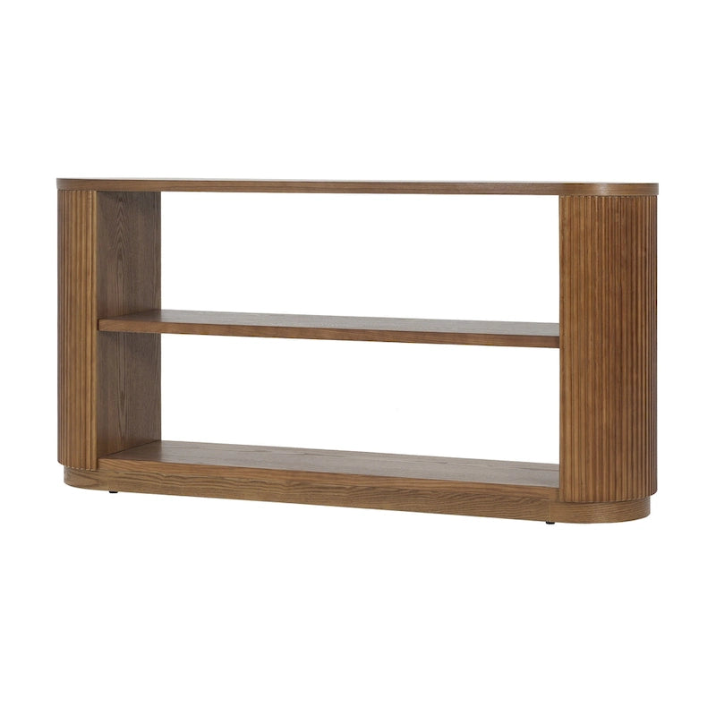 Console étroite d'entrée moderne - Table de canapé mince avec étagère ouverte et grain de bois élégant, table de couloir multifonctionnelle