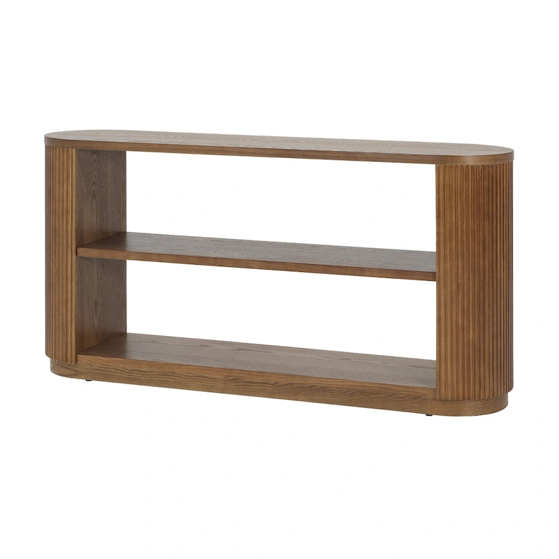 Console étroite d'entrée moderne - Table de canapé mince avec étagère ouverte et grain de bois élégant, table de couloir multifonctionnelle