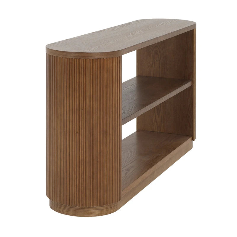 Console étroite d'entrée moderne - Table de canapé mince avec étagère ouverte et grain de bois élégant, table de couloir multifonctionnelle