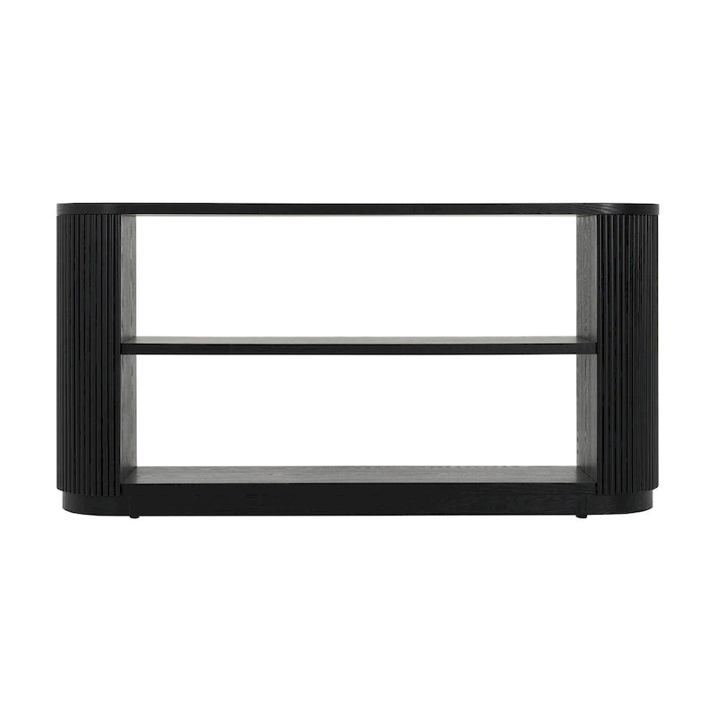 Console étroite d'entrée moderne - Table de canapé mince avec étagère ouverte et grain de bois élégant, table de couloir multifonctionnelle