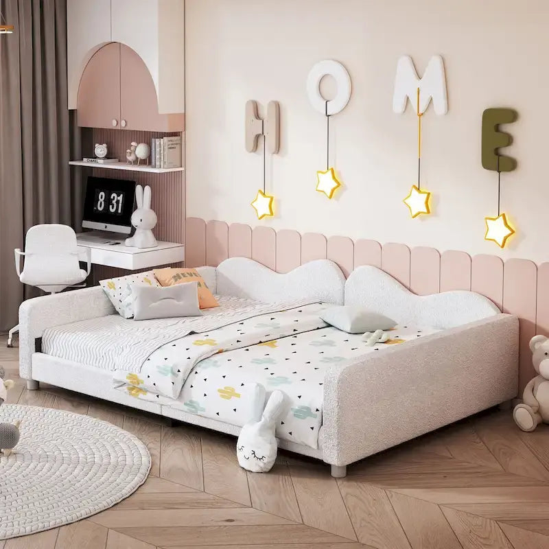 Lit de repos capitonné pleine grandeur, canapé-lit en tissu Sherpa avec dossier en forme de nuage, pas besoin de sommier tapissier, blanc