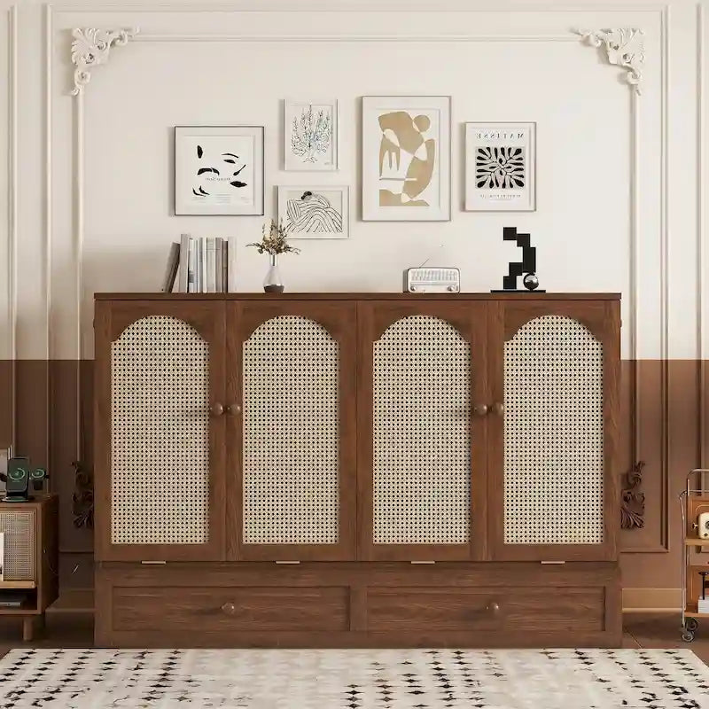 Lit escamotable mural en pin, taille Queen, avec station électrique, tiroir et panneau décoratif en rotin