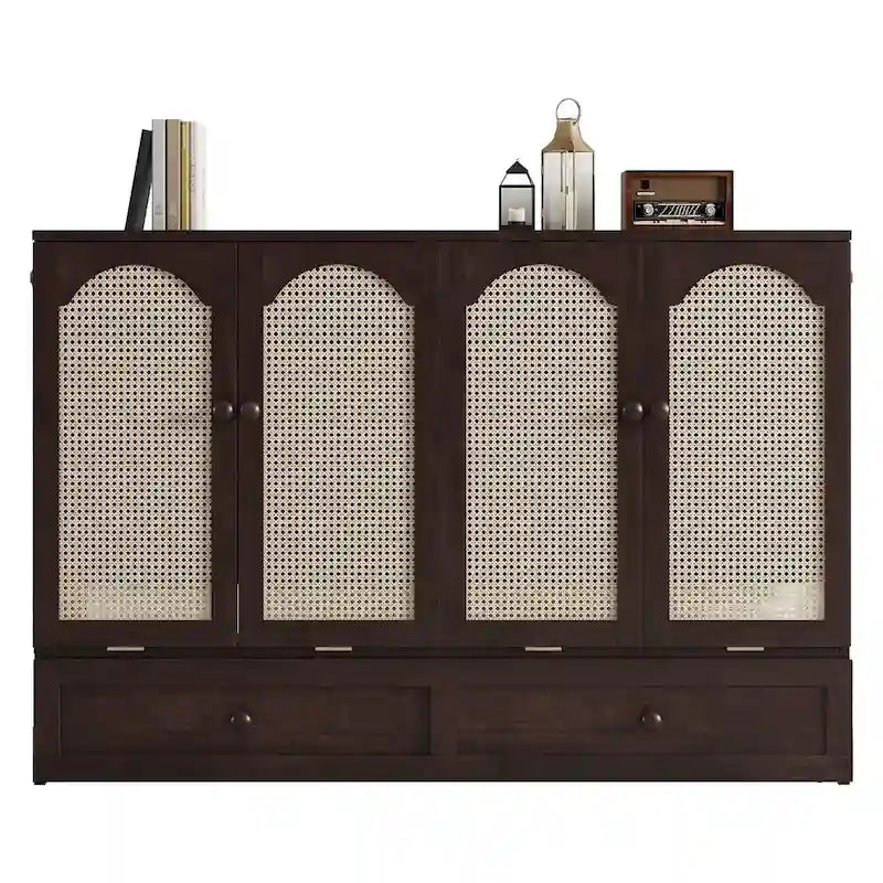 Lit escamotable mural en pin, taille Queen, avec station électrique, tiroir et panneau décoratif en rotin