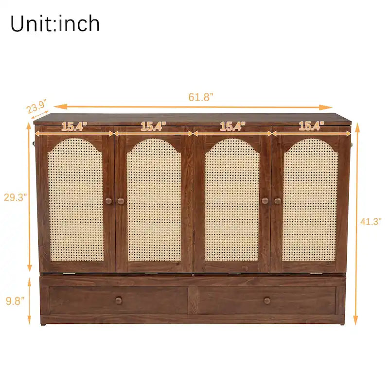 Lit escamotable mural en pin, taille Queen, avec station électrique, tiroir et panneau décoratif en rotin