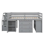 Lit mezzanine double avec bureau rétractable et 3 tiroirs, lit mezzanine en bois avec escalier de rangement et étagères