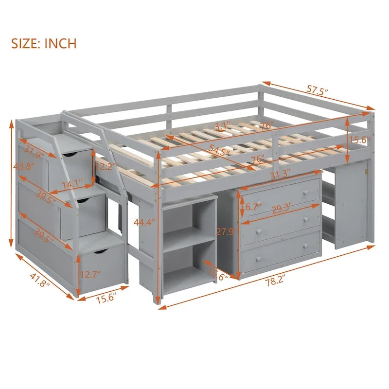 Lit mezzanine double avec bureau rétractable et 3 tiroirs, lit mezzanine en bois avec escalier de rangement et étagères