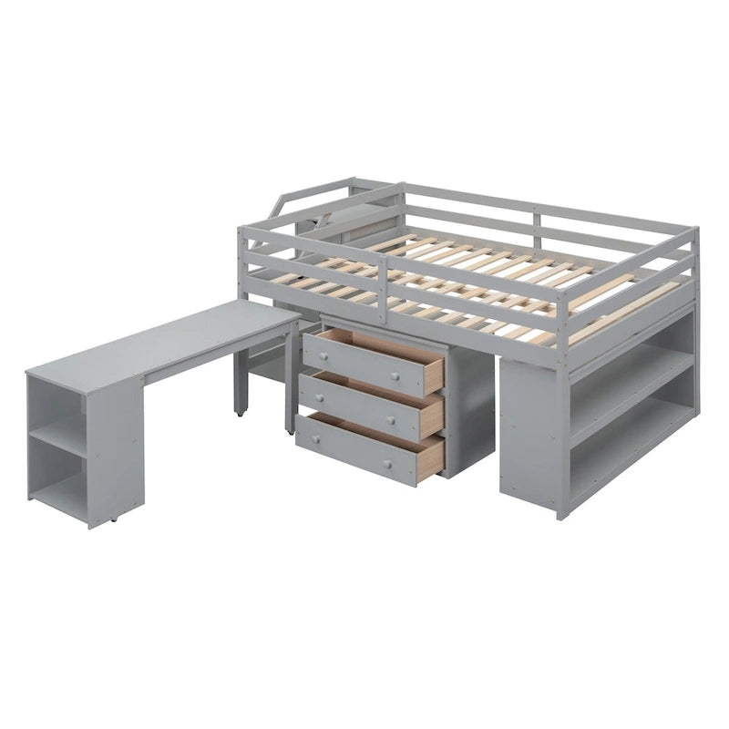 Lit mezzanine double avec bureau rétractable et 3 tiroirs, lit mezzanine en bois avec escalier de rangement et étagères