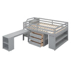 Lit mezzanine double avec bureau rétractable et 3 tiroirs, lit mezzanine en bois avec escalier de rangement et étagères