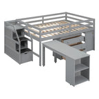 Lit mezzanine double avec bureau rétractable et 3 tiroirs, lit mezzanine en bois avec escalier de rangement et étagères