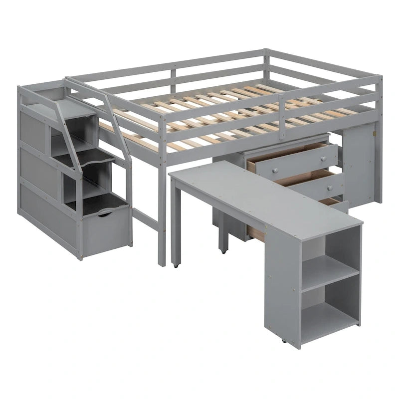 Lit mezzanine double avec bureau rétractable et 3 tiroirs, lit mezzanine en bois avec escalier de rangement et étagères