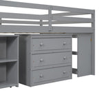 Lit mezzanine double avec bureau rétractable et 3 tiroirs, lit mezzanine en bois avec escalier de rangement et étagères