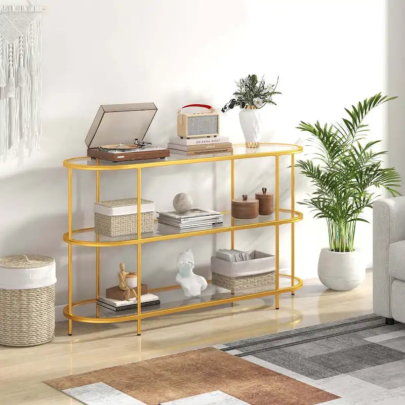 Meuble TV à 3 niveaux pour TV jusqu'à 65 pouces avec étagères en verre trempé - Voir détails
