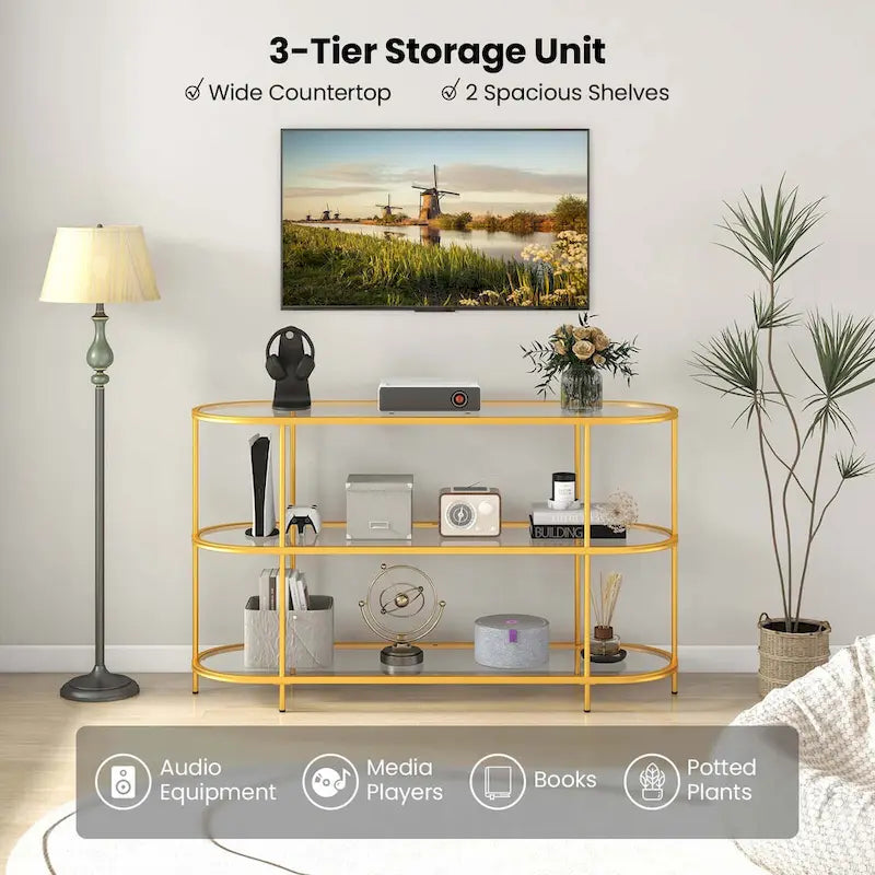 Meuble TV à 3 niveaux pour TV jusqu'à 65 pouces avec étagères en verre trempé - Voir détails