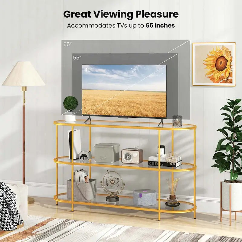 Meuble TV à 3 niveaux pour TV jusqu'à 65 pouces avec étagères en verre trempé - Voir détails