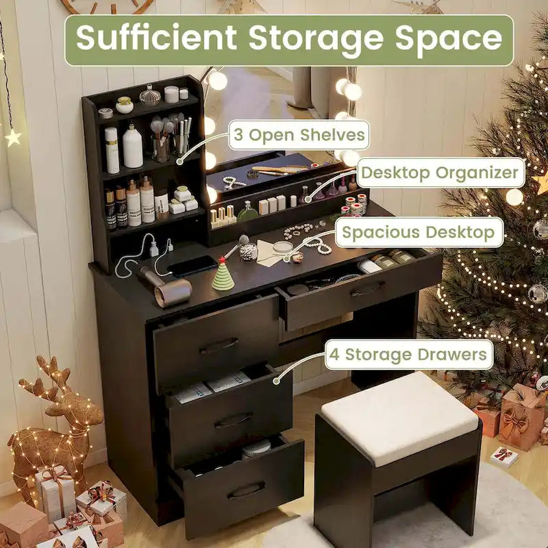 Coiffeuse, incluant un miroir, une lampe, une coiffeuse et une chaise, pour 4 personnes.
