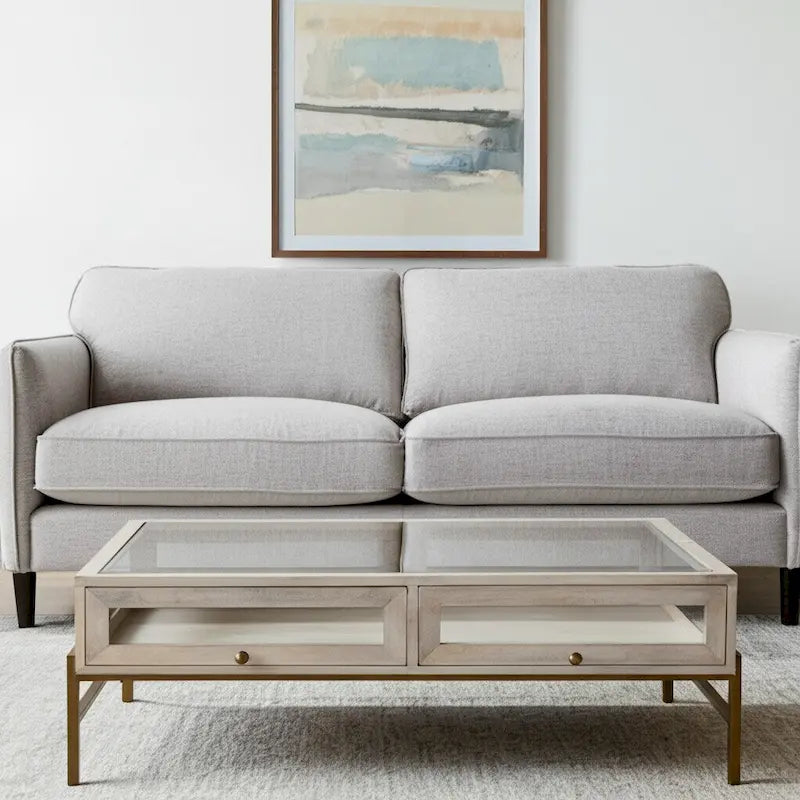 Table basse de rangement en bois massif doré transparent blanc cassé et fer forgé de 111,76 cm - 110,49 cm x 38,1 cm x 110,49 cm