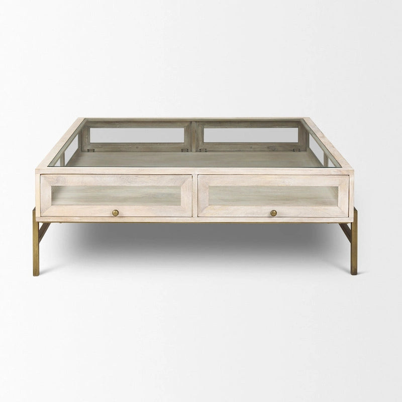 Table basse de rangement en bois massif doré transparent blanc cassé et fer forgé de 111,76 cm - 110,49 cm x 38,1 cm x 110,49 cm