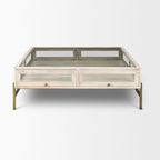Table basse de rangement en bois massif doré transparent blanc cassé et fer forgé de 111,76 cm - 110,49 cm x 38,1 cm x 110,49 cm