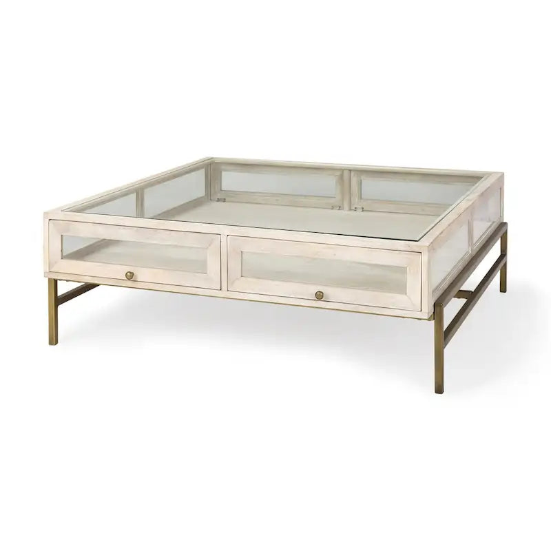 Table basse de rangement en bois massif doré transparent blanc cassé et fer forgé de 111,76 cm - 110,49 cm x 38,1 cm x 110,49 cm