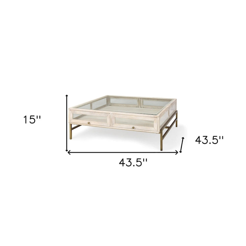 Table basse de rangement en bois massif doré transparent blanc cassé et fer forgé de 111,76 cm - 110,49 cm x 38,1 cm x 110,49 cm