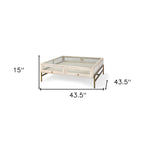 Table basse de rangement en bois massif doré transparent blanc cassé et fer forgé de 111,76 cm - 110,49 cm x 38,1 cm x 110,49 cm
