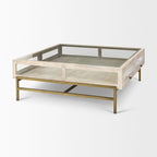 Table basse de rangement en bois massif doré transparent blanc cassé et fer forgé de 111,76 cm - 110,49 cm x 38,1 cm x 110,49 cm