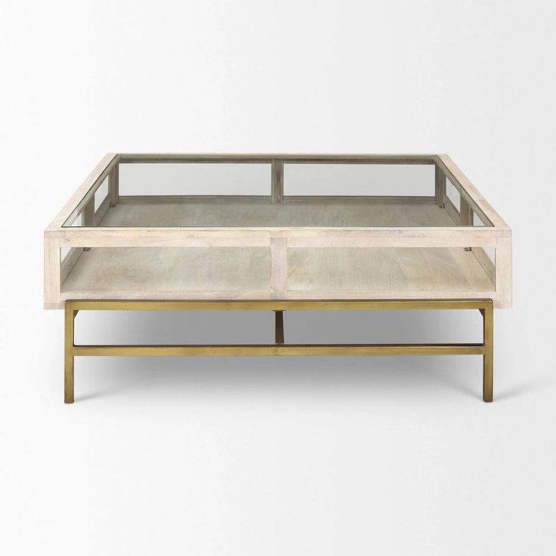 Table basse de rangement en bois massif doré transparent blanc cassé et fer forgé de 111,76 cm - 110,49 cm x 38,1 cm x 110,49 cm
