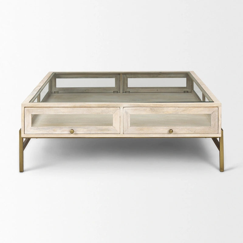 Table basse de rangement en bois massif doré transparent blanc cassé et fer forgé de 111,76 cm - 110,49 cm x 38,1 cm x 110,49 cm