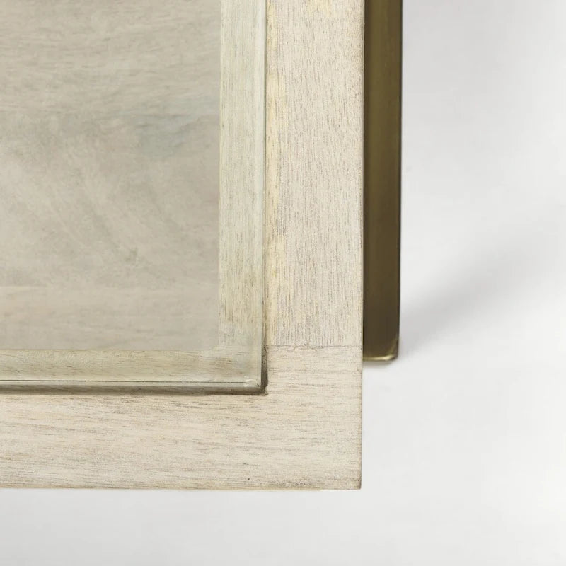 Table basse de rangement en bois massif doré transparent blanc cassé et fer forgé de 111,76 cm - 110,49 cm x 38,1 cm x 110,49 cm