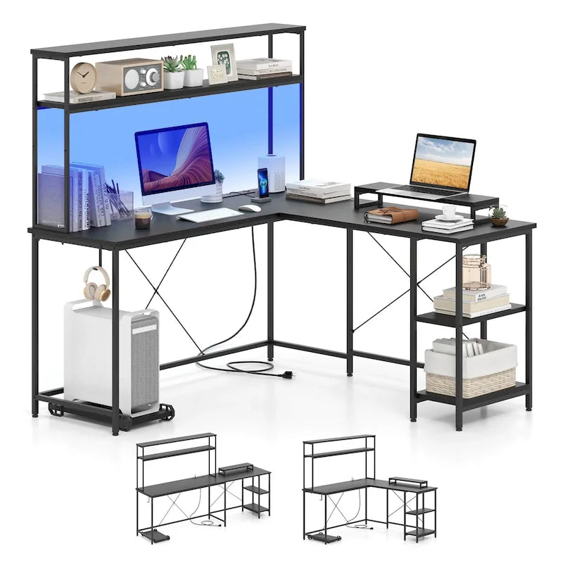 Bureau de jeu en L avec bande LED et multiprises intégrées – Voir les détails