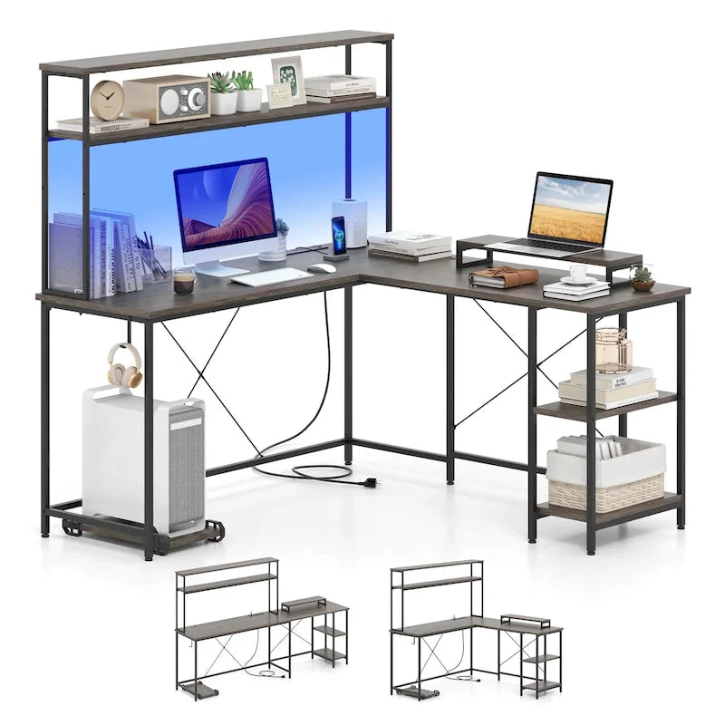 Bureau de jeu en L avec bande LED et multiprises intégrées – Voir les détails
