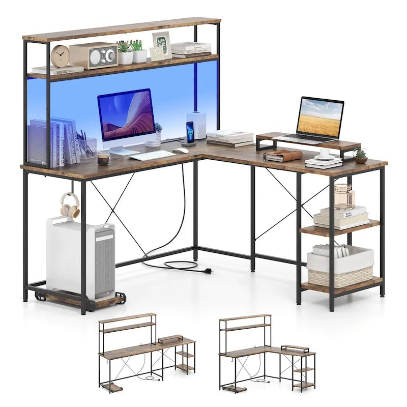 Bureau de jeu en L avec bande LED et multiprises intégrées – Voir les détails