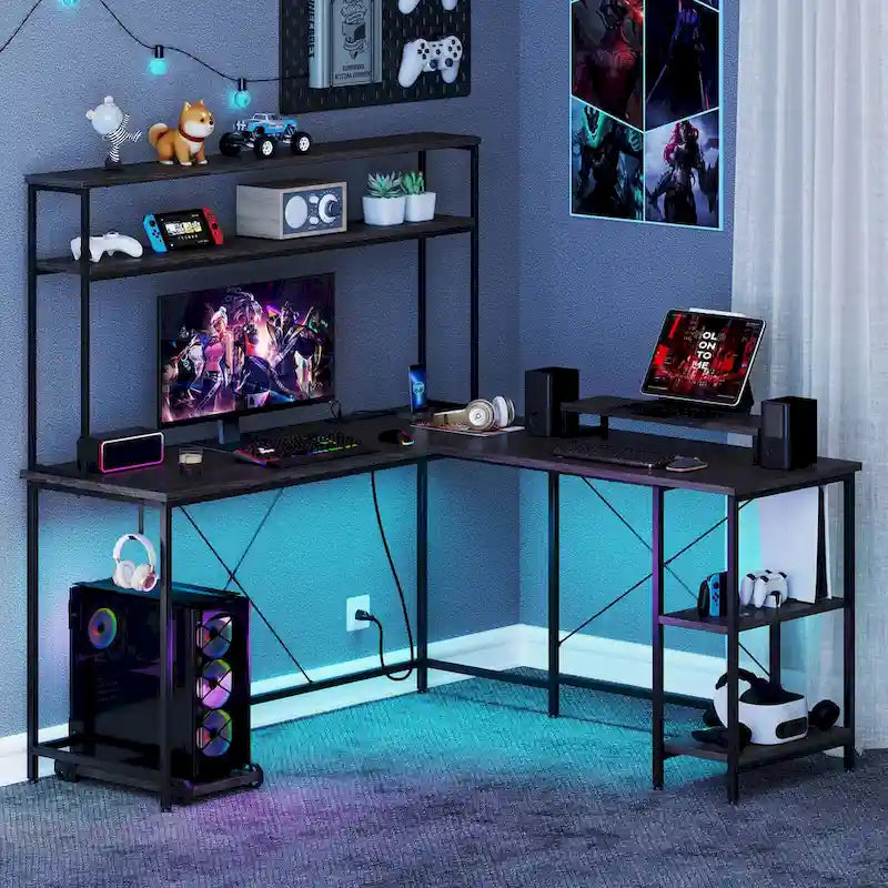 Bureau de jeu en L avec bande LED et multiprises intégrées – Voir les détails