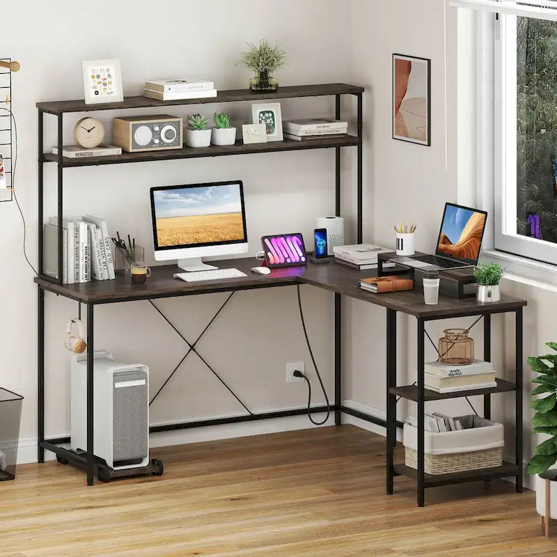 Bureau de jeu en L avec bande LED et multiprises intégrées – Voir les détails