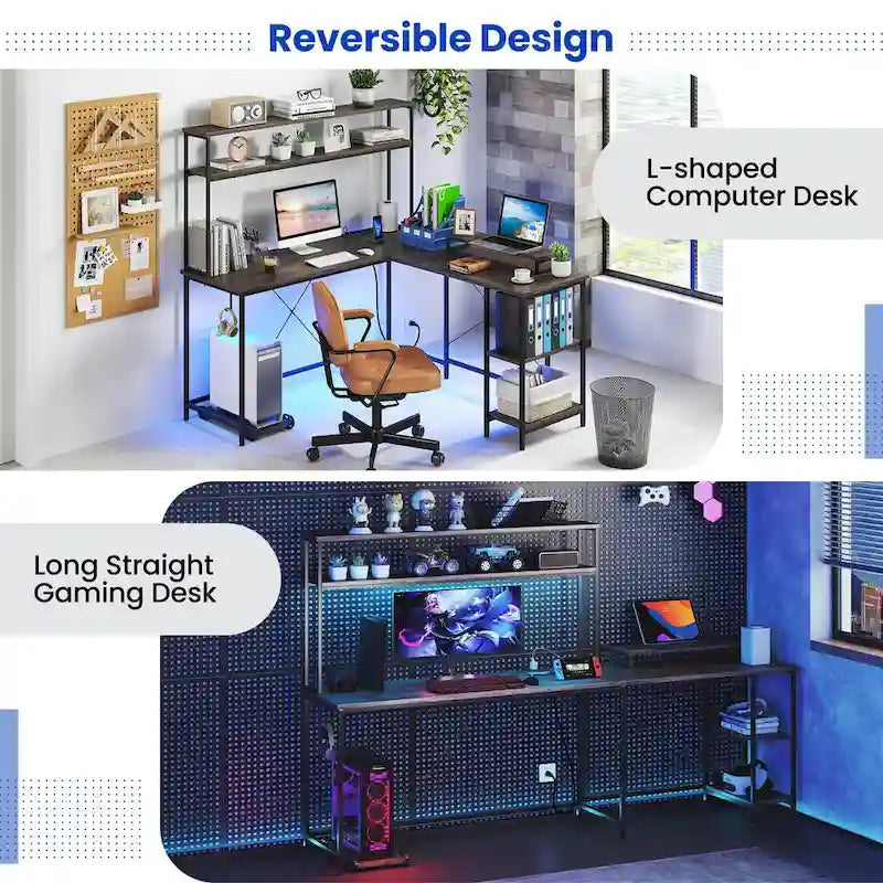 Bureau de jeu en L avec bande LED et multiprises intégrées – Voir les détails